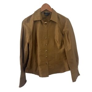 Sara I. Women Bronze 100% Silk Button Down Blouse Long Sleeve Wide Cuff Small